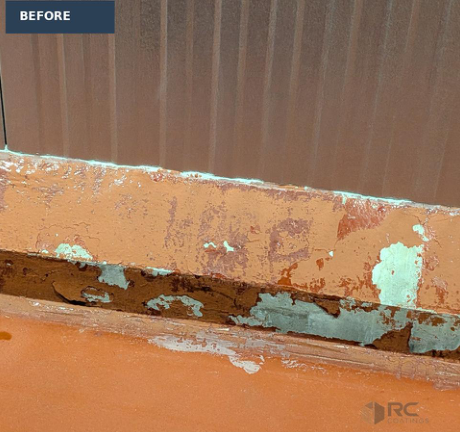 Deteriorated curb and wall-to-floor transition.