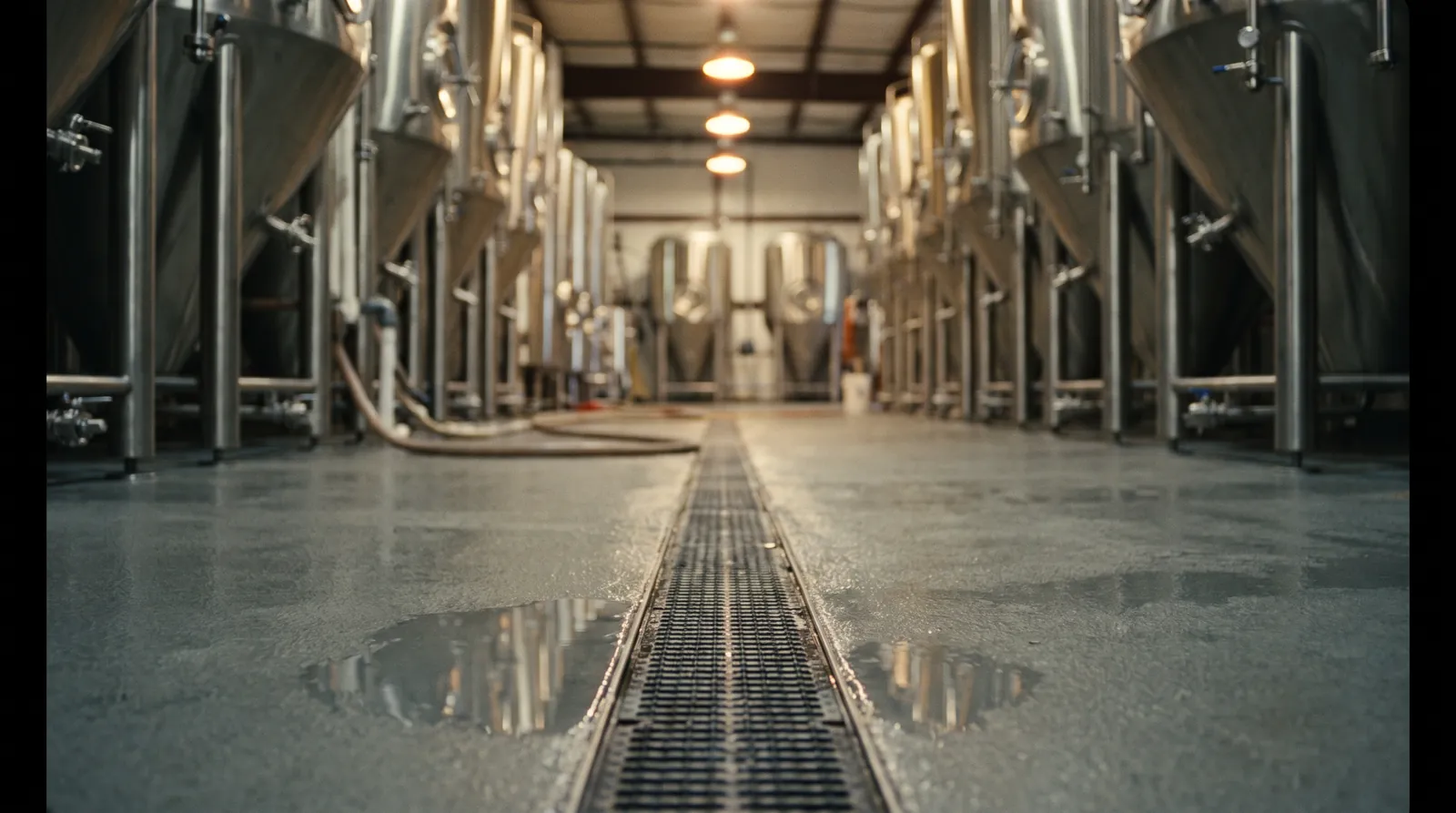 Urethane cement floor in a brewery with a trench drain.