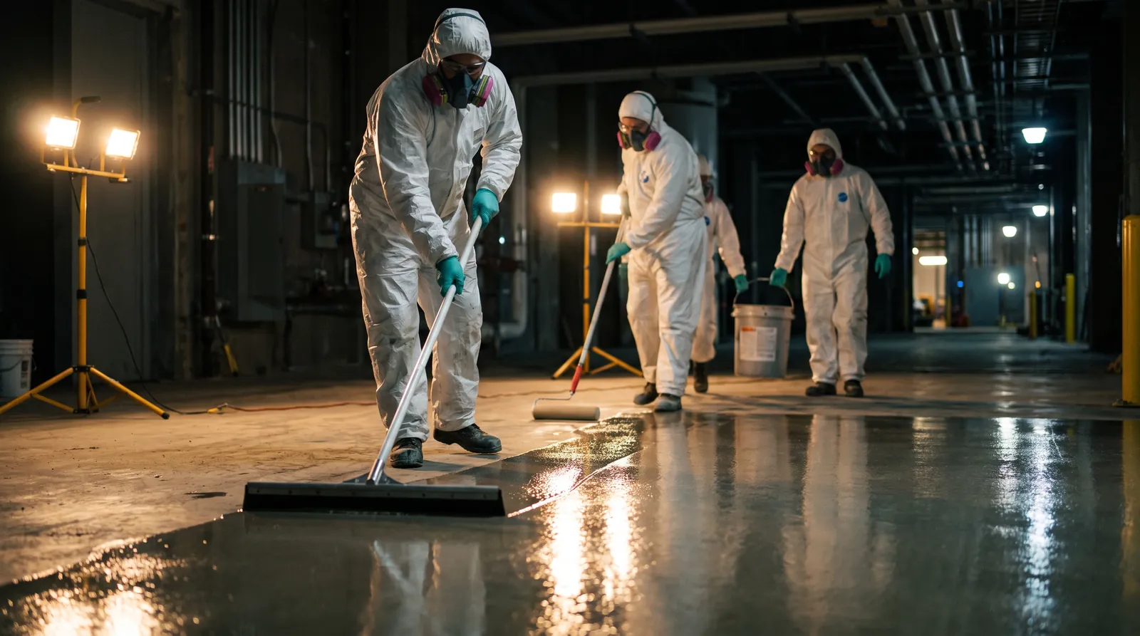 Fast-cure flooring installed at night in a commercial space.