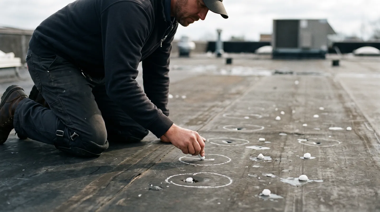 Hail marks on a white commercial roof coating.