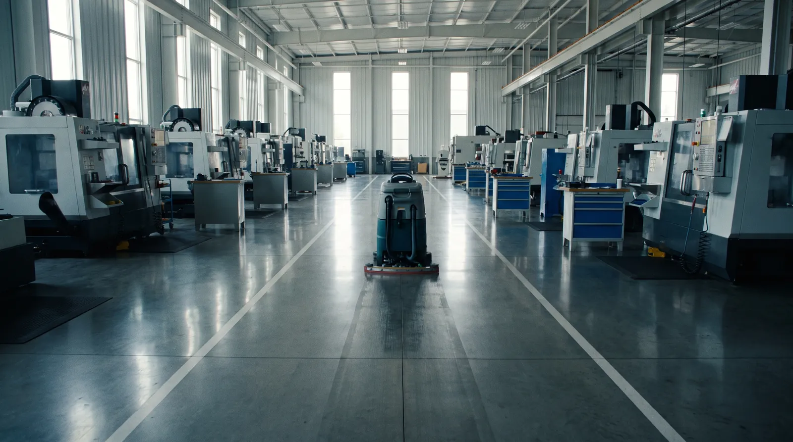Resinous floor in a manufacturing plant with yellow safety lines.