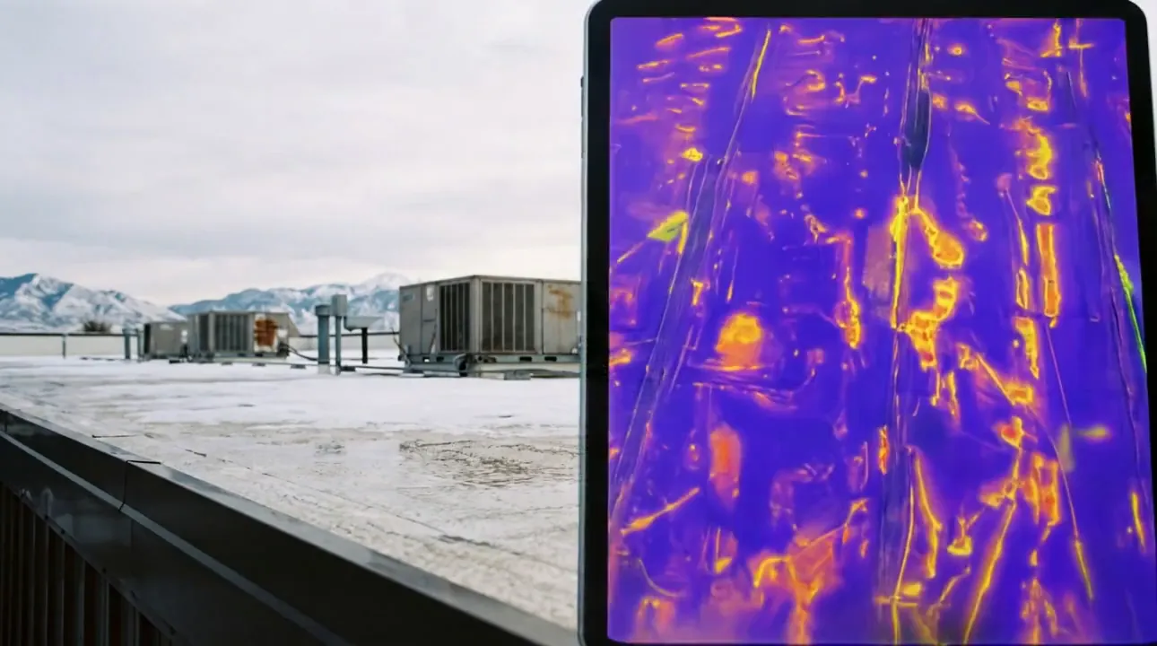 Drone flying over a white-coated commercial flat roof