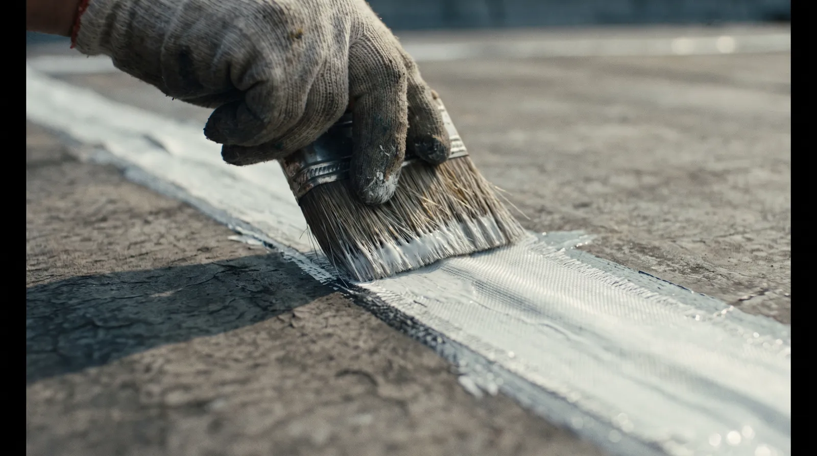 Close-up of a repaired roof seam and flashing.