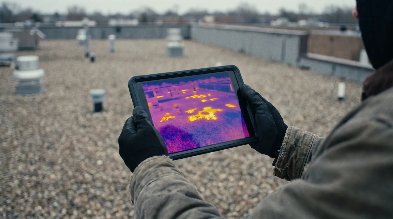 Tablet showing a thermal infrared map of a commercial roof.